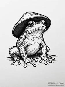 Frog wearing a mushroom cap hat, ink illustra... - эскиз тату (№1751426435_0, 02.07.2025 03:20) — Tatufoto.com