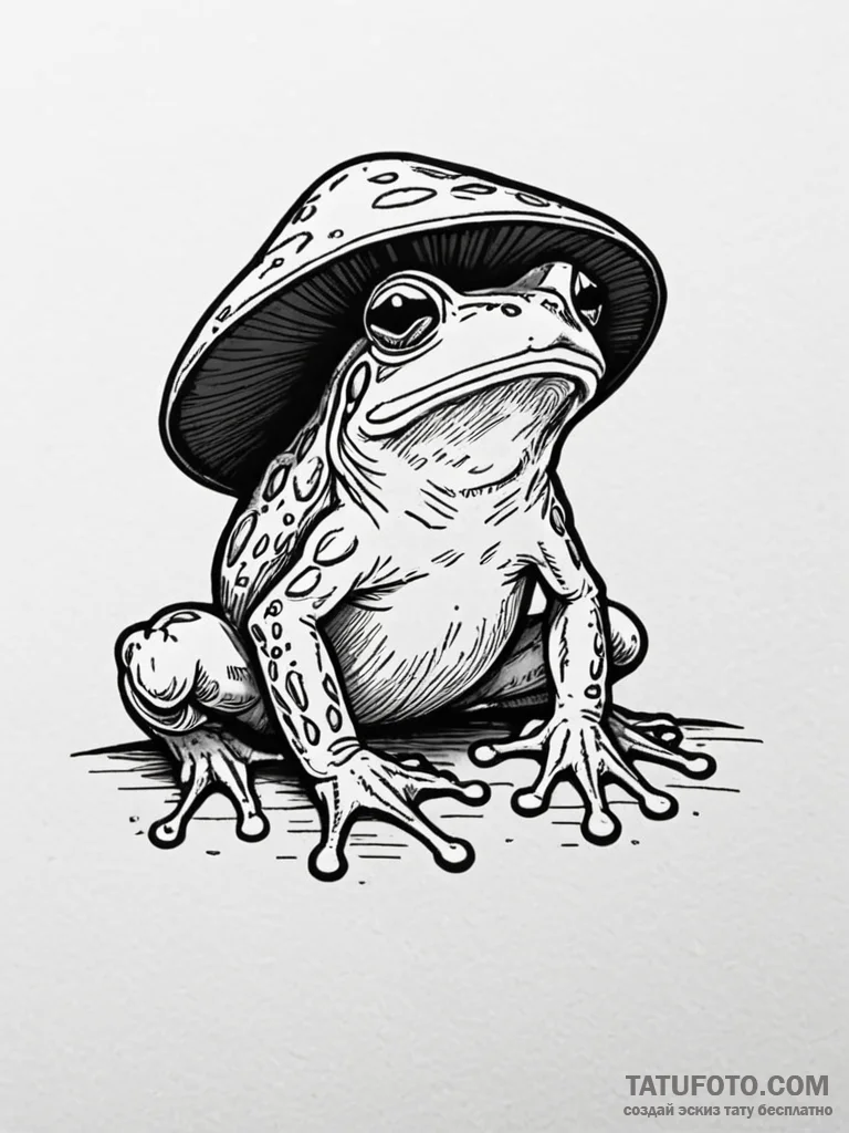 Frog wearing a mushroom cap hat, ink illustra... - эскиз тату (№1751426435_0, 02.07.2025 03:20) — Tatufoto.com