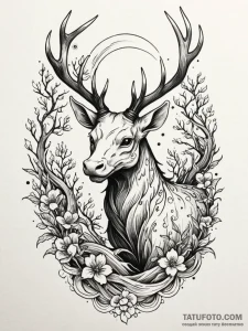 White stag with golden antlers in a dark fore... - эскиз тату (№1751426505_0, 02.07.2025 03:21) — Tatufoto.com