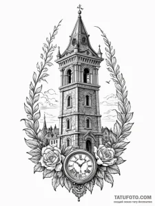 A classic bell tower with clock, landmark,, t... - эскиз тату (№1751427163_0, 02.07.2025 03:32) — Tatufoto.com
