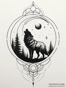 Blood moon with wolf silhouette, tattoo sketc... - эскиз тату (№1751430138_0, 02.07.2025 04:22) — Tatufoto.com