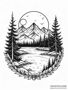 Layered landscape, mountains, forest, lake, m... - эскиз тату (№1751430337_0, 02.07.2025 04:25) — Tatufoto.com