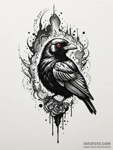 Crimson raven with burning eyes, tattoo line... - эскиз тату (№1751433877_0, 02.07.2025 05:24) — Tatufoto.com