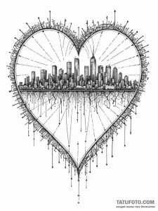 Heart monitor ekg line morphing into a city s... - эскиз тату (№1751435392_0, 02.07.2025 05:49) — Tatufoto.com