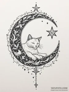 Cat sleeping on a crescent moon, tail wrapped... - эскиз тату (№1751436205_0, 02.07.2025 06:03) — Tatufoto.com