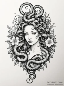 Medusa with snakes that are blossoming, flowe... - эскиз тату (№1751436337_0, 02.07.2025 06:05) — Tatufoto.com