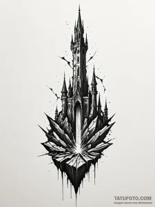Haunted blade beneath shattered spire, tattoo... - эскиз тату (№1751438238_0, 02.07.2025 06:37) — Tatufoto.com
