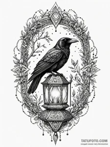 Bone lantern carried by raven, artistic tatto... - эскиз тату (№1751439925_0, 02.07.2025 07:05) — Tatufoto.com