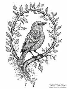 A whimsical bird on a branch singing, joyful,... - эскиз тату (№1751440987_0, 02.07.2025 07:23) — Tatufoto.com