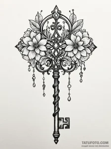Ancient key with floral patterns, tattoo flas... - эскиз тату (№1751443408_0, 02.07.2025 08:03) — Tatufoto.com