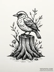 A whimsical bird on a stump, calm,, concept a... - эскиз тату (№1751444632_0, 02.07.2025 08:23) — Tatufoto.com