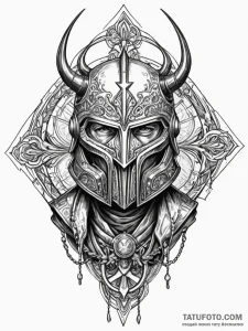 Glyph-marked helm frozen in time, artistic ta... - эскиз тату (№1751447347_0, 02.07.2025 09:09) — Tatufoto.com