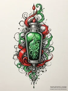 Alchemy vial with green smoke, tattoo sketch... - эскиз тату (№1751449812_0, 02.07.2025 09:50) — Tatufoto.com