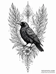 Raven feather crowned in frost, ink illustrat... - эскиз тату (№1751455621_0, 02.07.2025 11:27) — Tatufoto.com