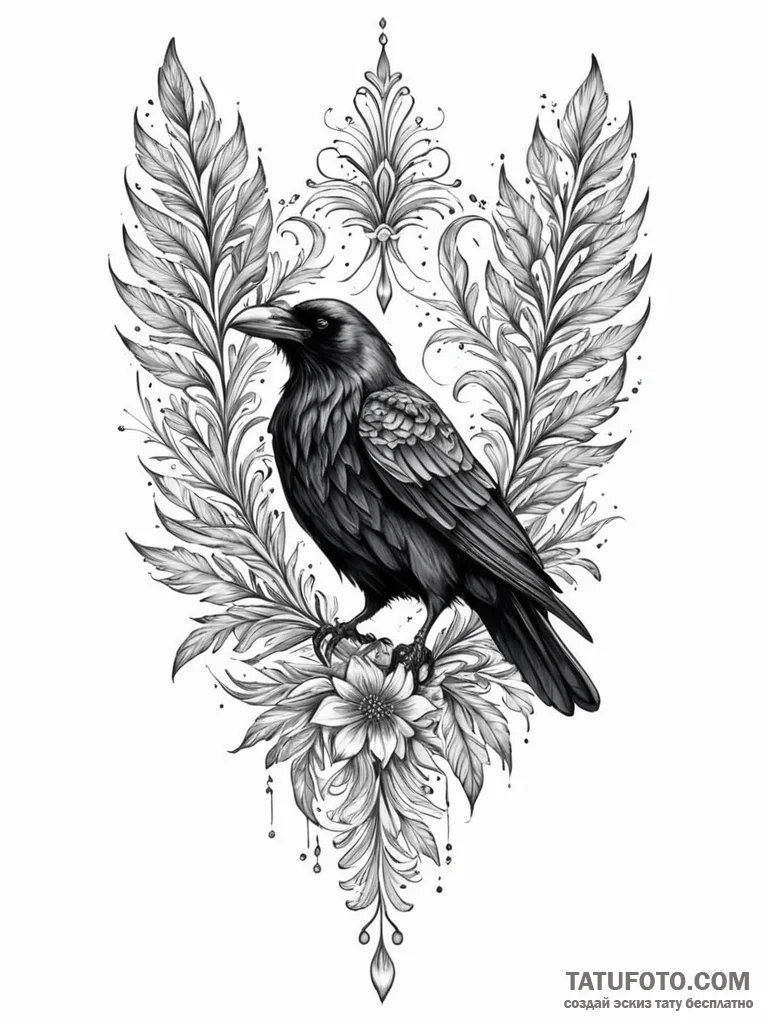 Raven feather crowned in frost, ink illustrat... - эскиз тату (№1751455621_0, 02.07.2025 11:27) — Tatufoto.com