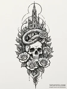 Hallowed serpent beneath shattered spire, con... - эскиз тату (№1751457282_0, 02.07.2025 11:54) — Tatufoto.com