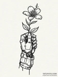 Robotic hand holding a real flower, tattoo dr... - эскиз тату (№1751469869_0, 02.07.2025 15:24) — Tatufoto.com