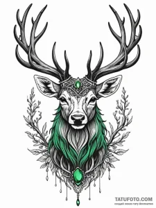 Emerald stag crowned in roots, tattoo drawing... - эскиз тату (№1751473048_0, 02.07.2025 16:17) — Tatufoto.com
