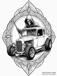 Grim reaper driving a souped-up hot rod, ink... - эскиз тату (№1751473293_0, 02.07.2025 16:21) — Tatufoto.com