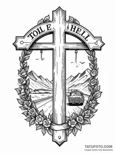 Toll booth on a highway to hell, tattoo flash... - эскиз тату (№1751474192_0, 02.07.2025 16:36) — Tatufoto.com