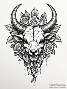 Minotaur horn crowned in ivy, tattoo flash sh... - эскиз тату (№1751476960_0, 02.07.2025 17:22) — Tatufoto.com