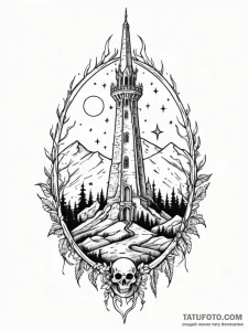Lizard bones beneath spectral spire, tattoo f... - эскиз тату (№1751477676_0, 02.07.2025 17:34) — Tatufoto.com