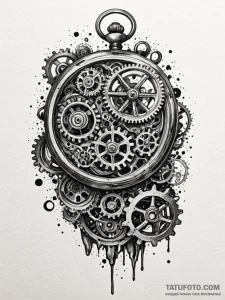 Pocket watch with exposed gears, ink illustra... - эскиз тату (№1751478695_0, 02.07.2025 17:51) — Tatufoto.com