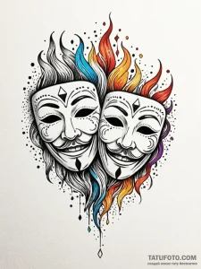 Theater masks, one crying tears of ink, one l... - эскиз тату (№1751478900_0, 02.07.2025 17:55) — Tatufoto.com