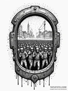 Riot shield, heavily scratched, reflecting a... - эскиз тату (№1751479563_0, 02.07.2025 18:06) — Tatufoto.com