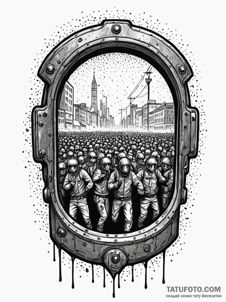 Riot shield, heavily scratched, reflecting a... - эскиз тату (№1751479563_0, 02.07.2025 18:06) — Tatufoto.com