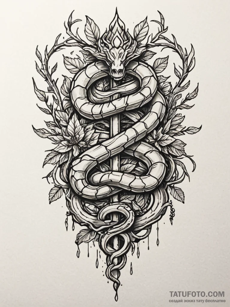 Iron serpent crowned with roots, artistic tat... - эскиз тату (№1751479920_0, 02.07.2025 18:12) — Tatufoto.com