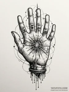 A hand with glowing circuit tattoos, ink illu... - эскиз тату (№1751485364_0, 02.07.2025 19:42) — Tatufoto.com