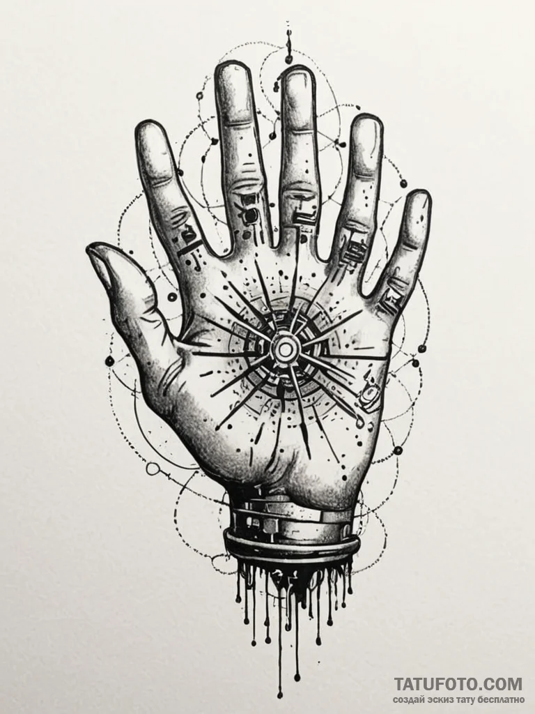 A hand with glowing circuit tattoos, ink illu... - эскиз тату (№1751485364_0, 02.07.2025 19:42) — Tatufoto.com