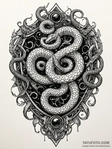 Onyx shield cracked by serpent, artistic tatt... - эскиз тату (№1751486018_0, 02.07.2025 19:53) — Tatufoto.com