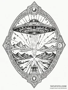 Ufo beaming up a slice of pizza, tattoo line... - эскиз тату (№1751489372_0, 02.07.2025 20:49) — Tatufoto.com