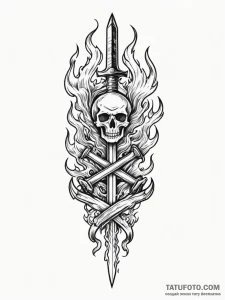 Flaming blade in skeletal grip, tattoo line a... - эскиз тату (№1751492934_0, 02.07.2025 21:48) — Tatufoto.com