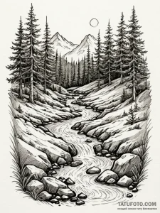 A serene brook flowing through a mossy forest... - эскиз тату (№1751494983_0, 02.07.2025 22:23) — Tatufoto.com