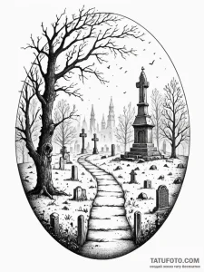 A graveyard scene with fog, concept art for t... - эскиз тату (№1751496054_0, 02.07.2025 22:40) — Tatufoto.com