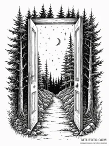 An open door in the middle of a forest leadin... - эскиз тату (№1751496962_0, 02.07.2025 22:56) — Tatufoto.com