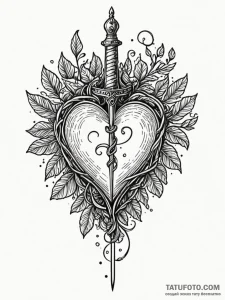Dagger clutching vine-wrapped heart, ink illu... - эскиз тату (№1751498857_0, 02.07.2025 23:27) — Tatufoto.com