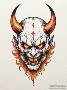 Demon mask with burning eyes, tattoo drawing... - эскиз тату (№1751499672_0, 02.07.2025 23:41) — Tatufoto.com