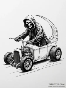 Grim reaper driving a souped-up hot rod, tatt... - эскиз тату (№1751502073_0, 03.07.2025 00:21) — Tatufoto.com