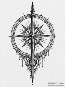 Dagger rising from celestial wheel, ink illus... - эскиз тату (№1751502470_0, 03.07.2025 00:27) — Tatufoto.com
