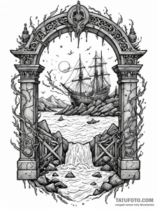 Water glyph beneath shattered gate, ink illus... - эскиз тату (№1751503405_0, 03.07.2025 00:43) — Tatufoto.com