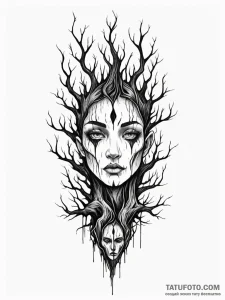 Burning tree with faces in bark, tattoo line... - эскиз тату (№1751504002_0, 03.07.2025 00:53) — Tatufoto.com