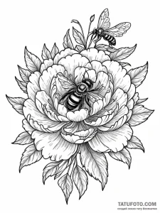 Peonies in full bloom, with a single honeybee... - эскиз тату (№1751505014_0, 03.07.2025 01:10) — Tatufoto.com