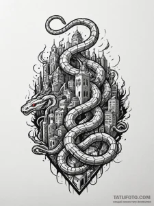 Apocalyptic serpent crushing city, tattoo fla... - эскиз тату (№1751506447_0, 03.07.2025 01:34) — Tatufoto.com