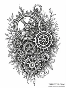 Rusted gears of a forgotten machine, overgrow... - эскиз тату (№1751514487_0, 03.07.2025 03:48) — Tatufoto.com