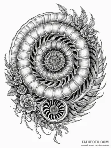 Ammonite fossil unfurling into a complex, mec... - эскиз тату (№1751514733_0, 03.07.2025 03:52) — Tatufoto.com