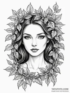 Portrait frame beneath ivy vines, ink illustr... - эскиз тату (№1751515472_0, 03.07.2025 04:04) — Tatufoto.com